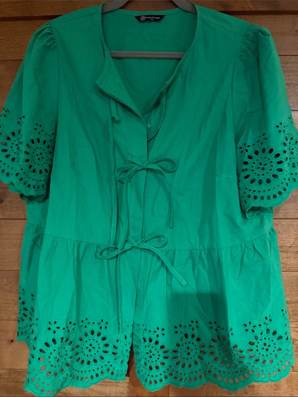 Pretty Garden Emerald Green Eyelet Tie-Front Peplum Tunic